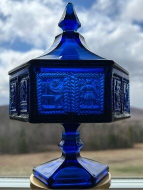 Discontinued Imperial Glass Candy Dish in Springerle Pattern in Ultra Royal Blue